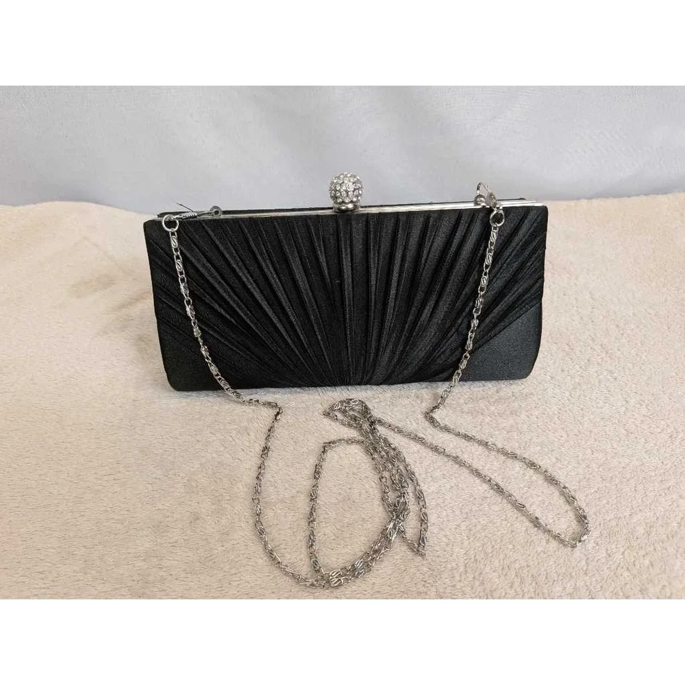 Charlie RSVP Black Pleated Rhinestone Ball‎ Evening Clutch Chain Bag